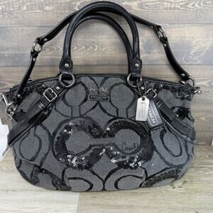 Coach 15945 Black Fabric Madison Sequin Op Art Sophia Satchel Purse